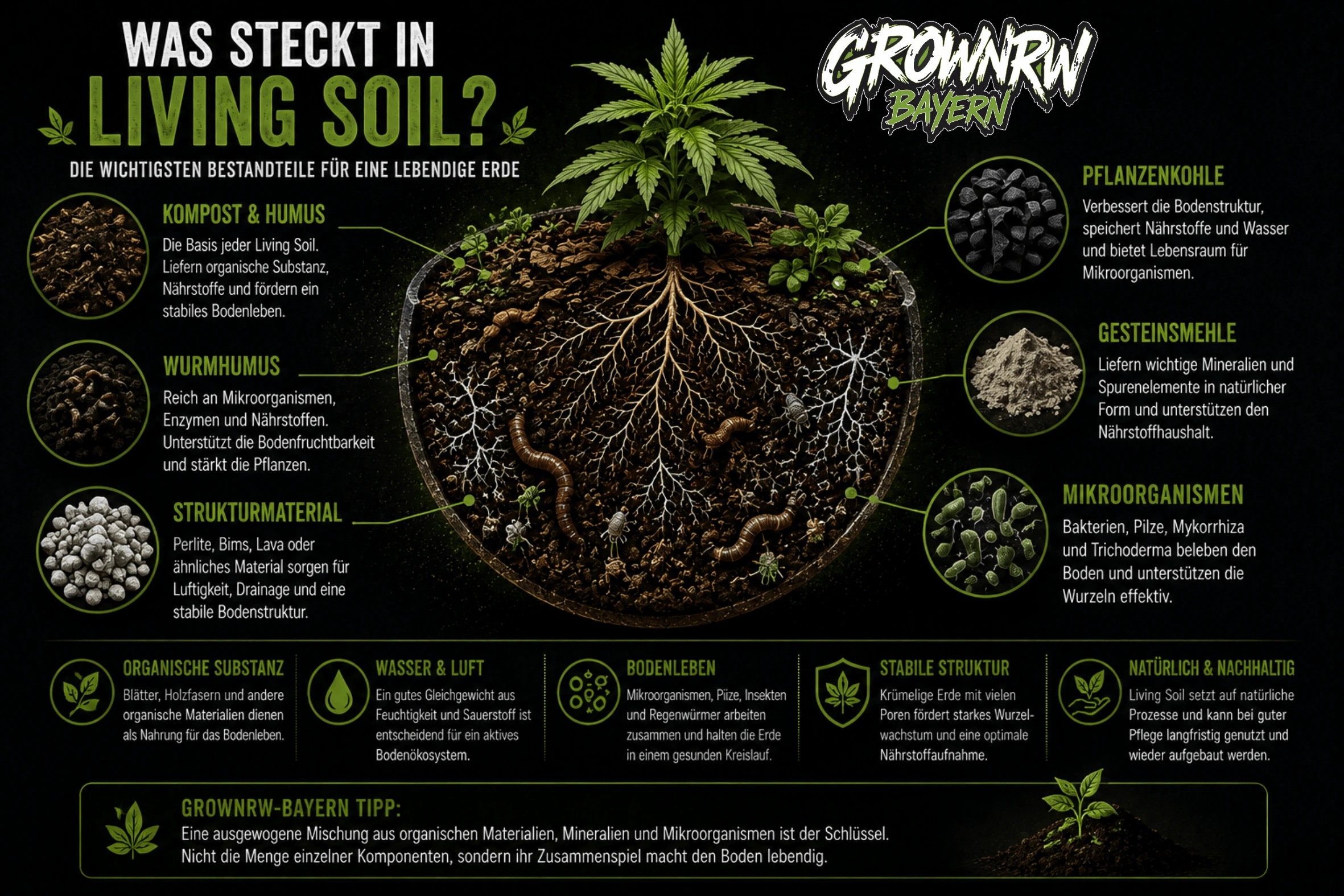 Was steckt in Living Soil – Kompost, Wurmhumus, Strukturmaterial, Pflanzenkohle, Gesteinsmehl und Mikroorganismen